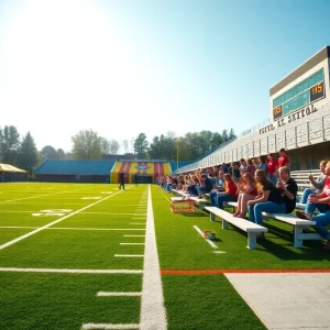 Renovated football field at Garfield and Roosevelt High Schools featuring new bleachers and scoreboard