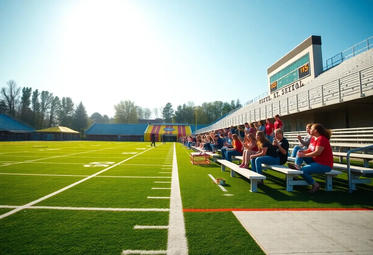 Renovated football field at Garfield and Roosevelt High Schools featuring new bleachers and scoreboard