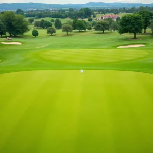 A beautiful golf course with lush greenery and a clear blue sky.