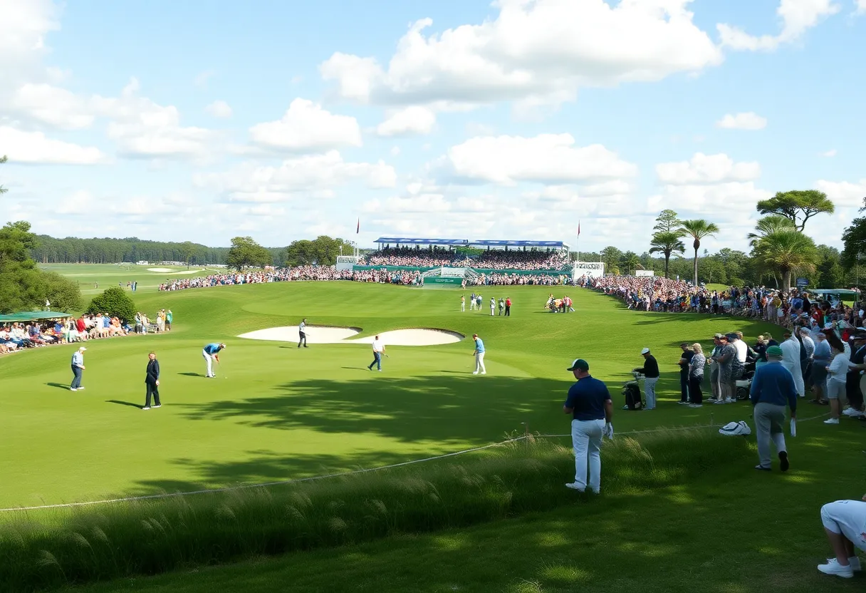 Golfers competing at the British Open on a sunny day