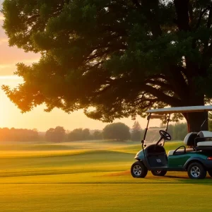 Sunset view of a golf course with a parked golf cart