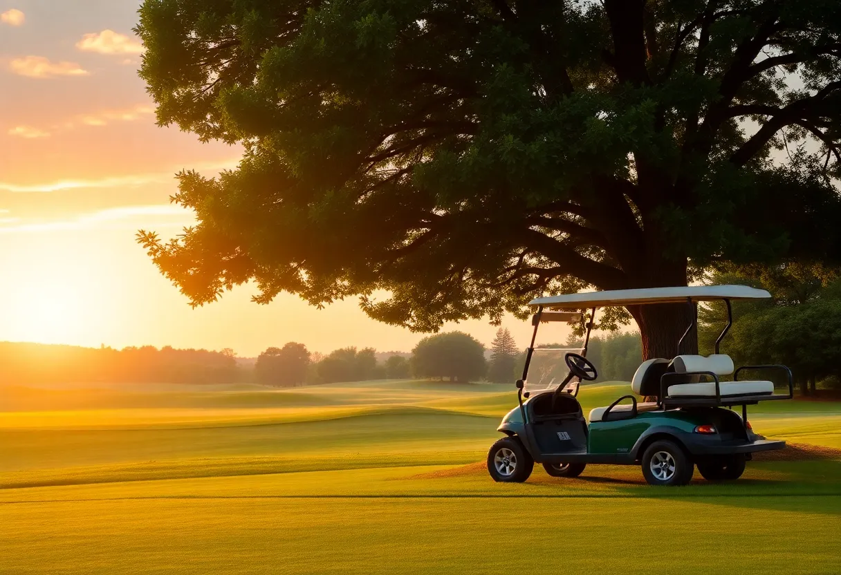 Sunset view of a golf course with a parked golf cart
