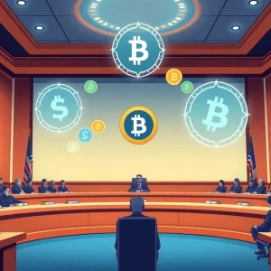 Illustration of a government meeting discussing cryptocurrency regulation with digital assets symbolism.