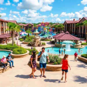 Family-friendly amenities at Grande Lakes Orlando Resort with Epic Universe theme park in the background.