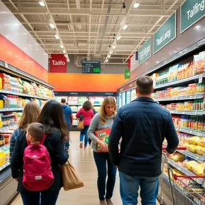 Shoppers examining products in a grocery store with price tags