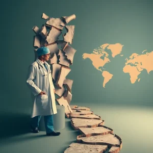 Representation of healthcare professionals caught between two worlds.