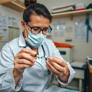 Healthcare professional examining vaccine vials in a clinic
