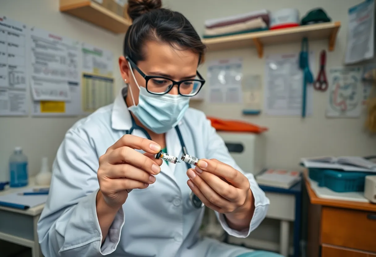 Healthcare professional examining vaccine vials in a clinic