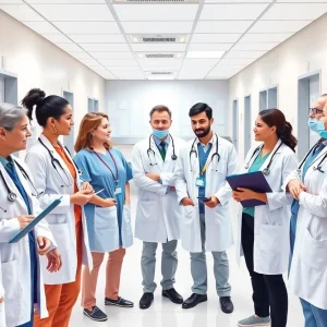 Diverse healthcare professionals in a hospital discussing recruitment opportunities.
