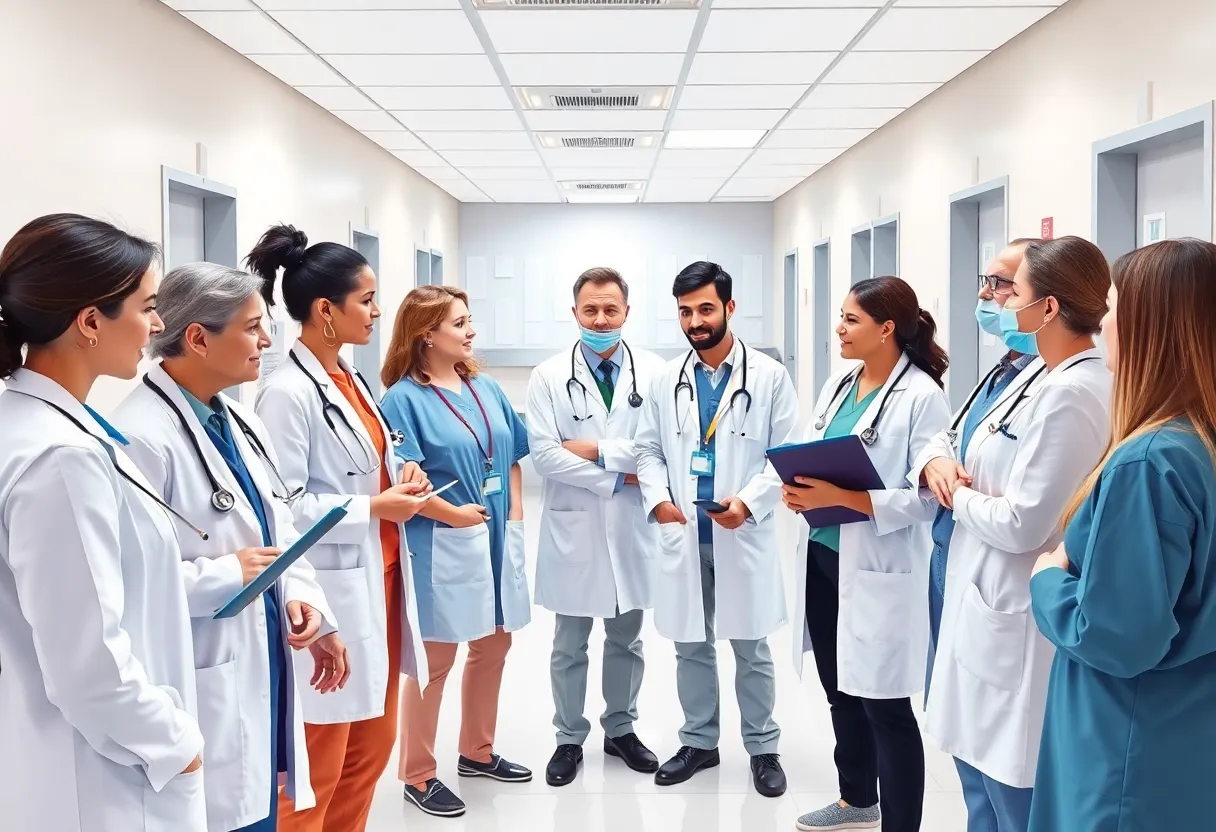 Diverse healthcare professionals in a hospital discussing recruitment opportunities.