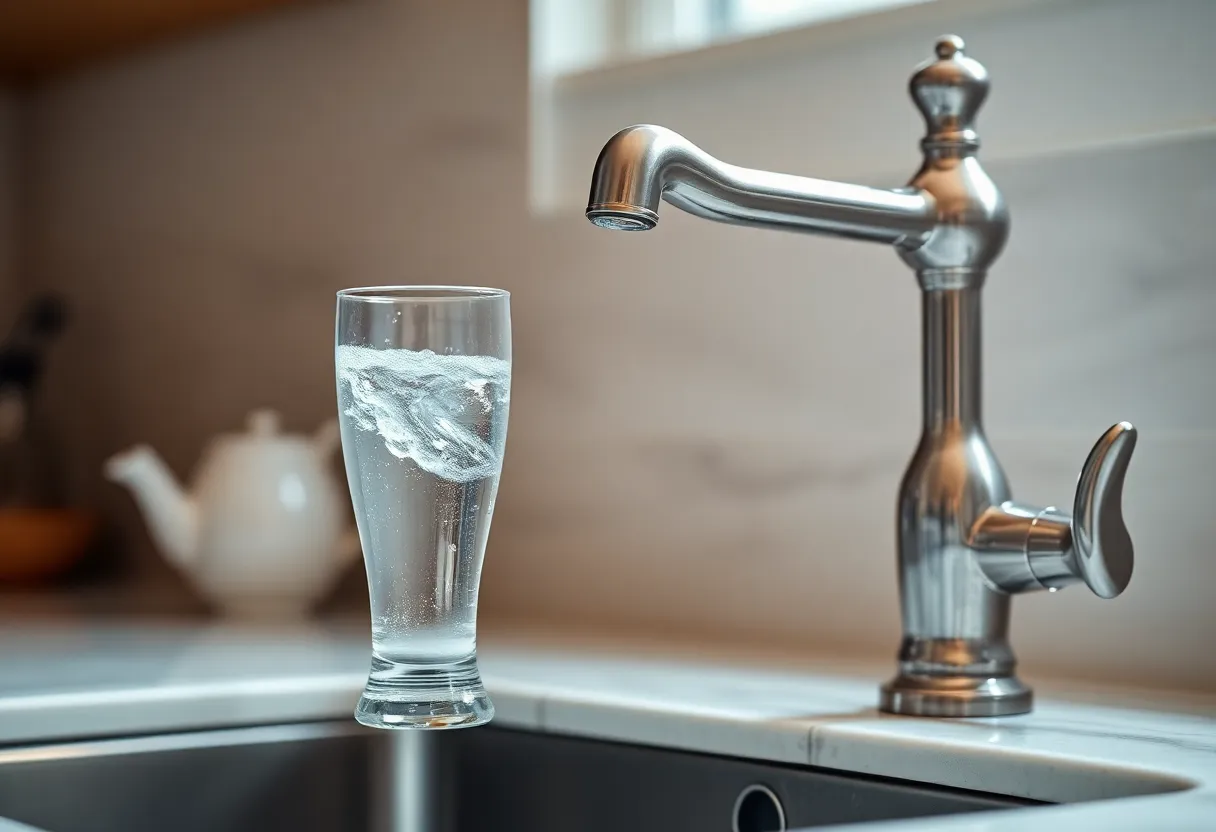 A glass of water filled from a kitchen faucet, representing health-conscious hydration choices.