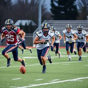 Group of high school football players practicing on the field