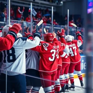Hockey players celebrating a goal during a game