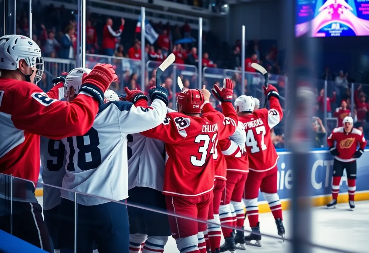 Hockey players celebrating a goal during a game