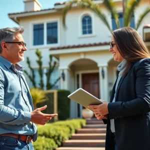 Buyer negotiating with realtor in front of Los Angeles home