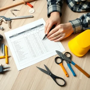 A person reviewing renovation budget plans and materials for a DIY project.