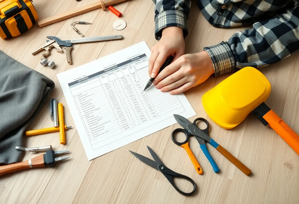 A person reviewing renovation budget plans and materials for a DIY project.