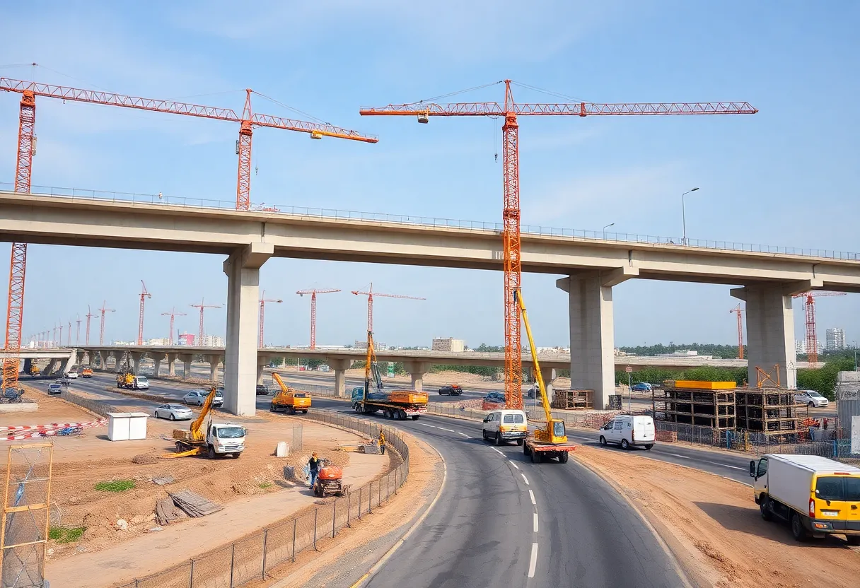 Construction site of the I-95 Bridge Street Interchange showing heavy machinery and workers.