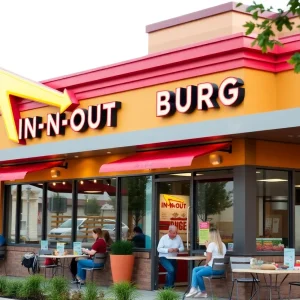 In-N-Out Burger restaurant with families enjoying their meals.
