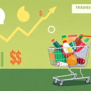 A graphic depicting the concept of rising inflation with symbols like dollar signs, shopping carts, and price tags.