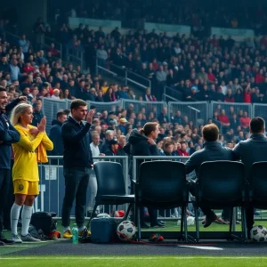 Soccer match atmosphere with empty bench representing player suspension