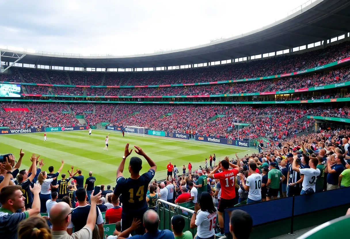 Fans and players during the LAFC vs Portland Timbers matchup at BMO Stadium.