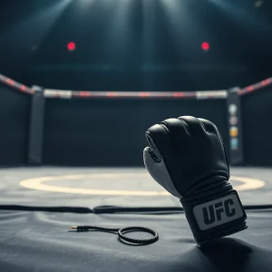 MMA gloves left in the cage, symbolizing retirement.