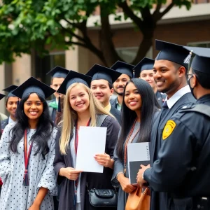 Students celebrating graduation with security in the background