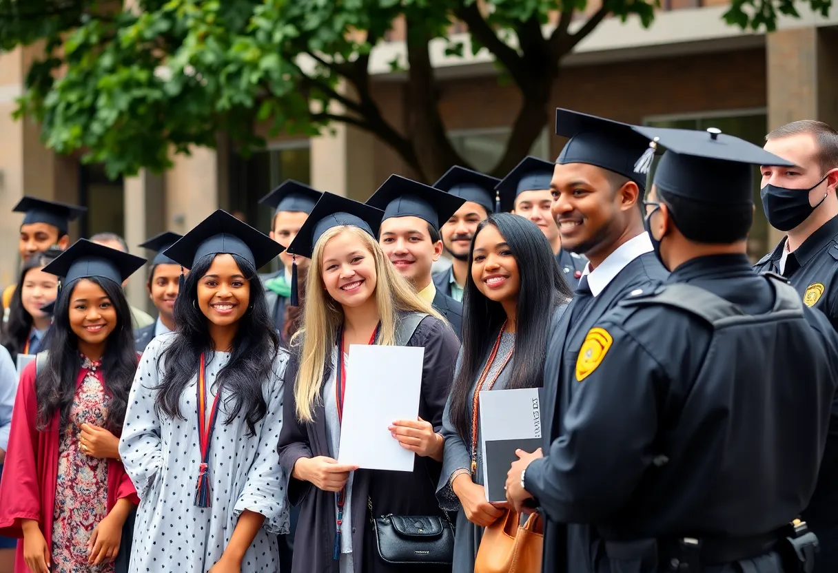 Students celebrating graduation with security in the background