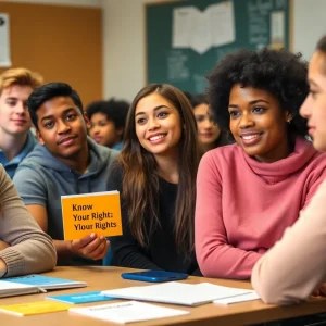 Students in a classroom discussing immigration rights with 'Know Your Rights' cards.
