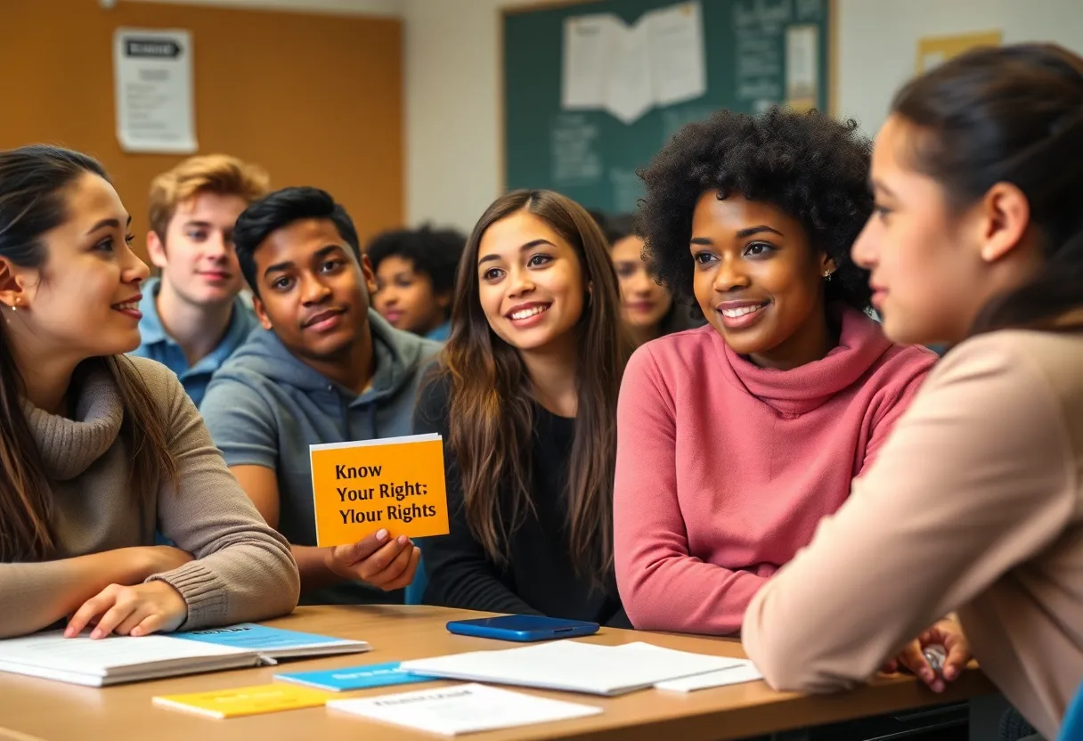Students in a classroom discussing immigration rights with 'Know Your Rights' cards.
