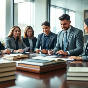 A diverse team of attorneys working together in a law office