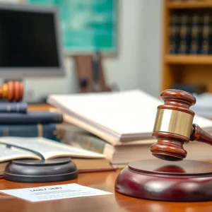 A law office desk featuring legal books and professional tools.