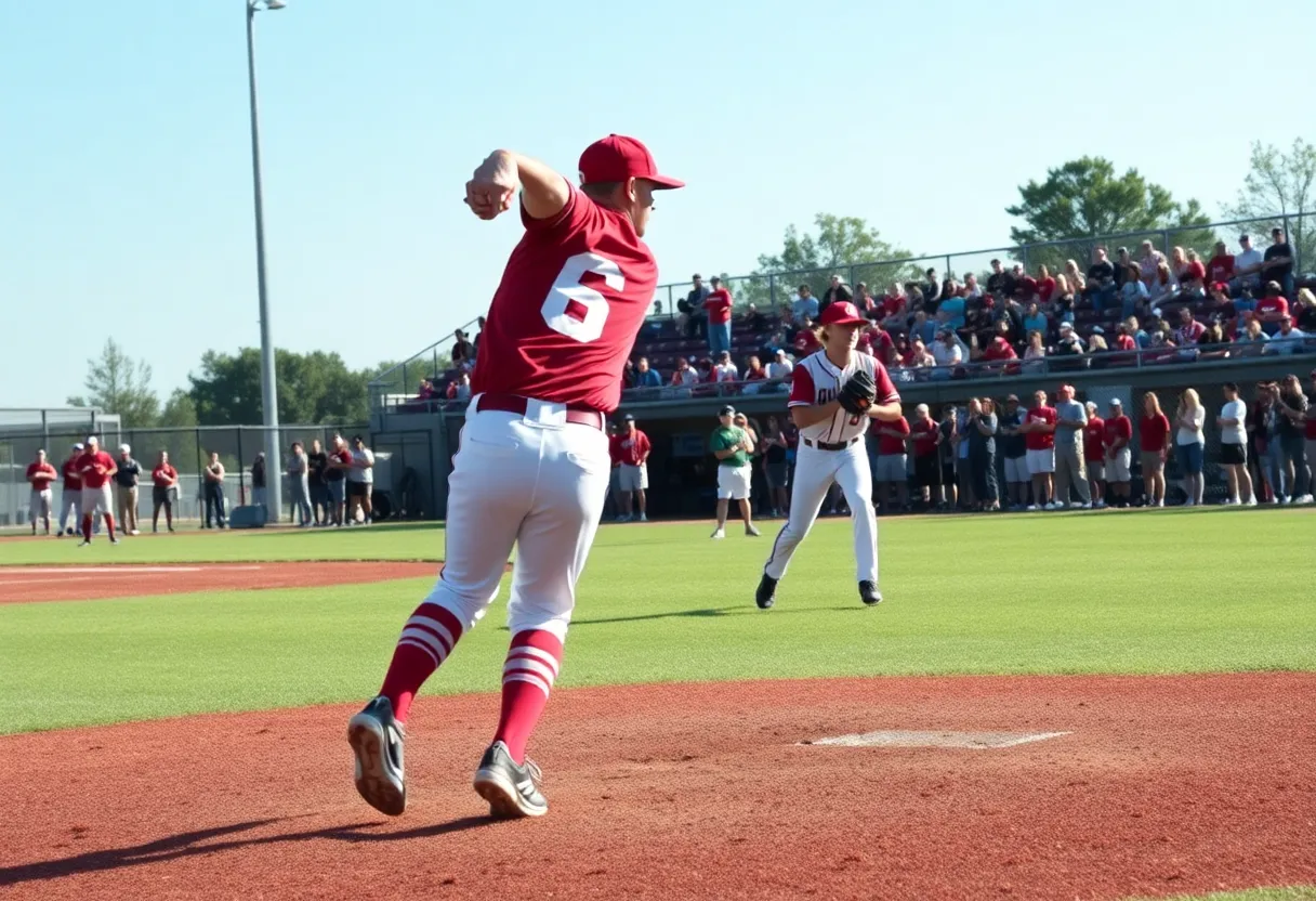 High school baseball game with players in action