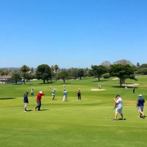Public golfers playing on a sunny Los Angeles golf course
