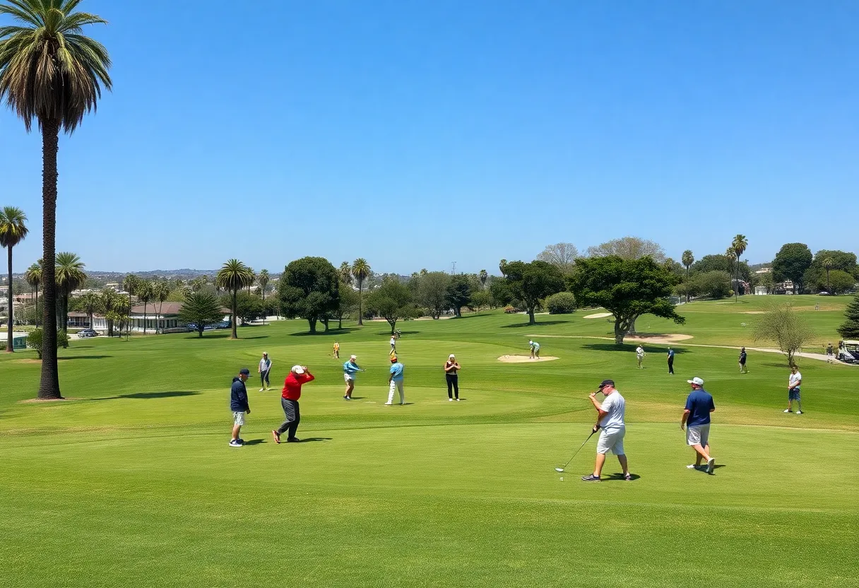 Public golfers playing on a sunny Los Angeles golf course