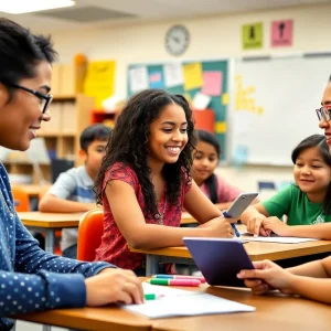 Engaged students in a diverse Los Angeles middle school classroom
