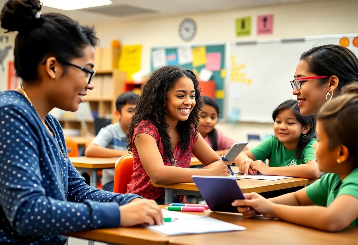 Engaged students in a diverse Los Angeles middle school classroom