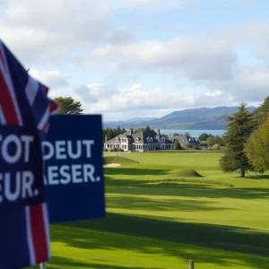 Scenic golf resort in Scotland with protest banners