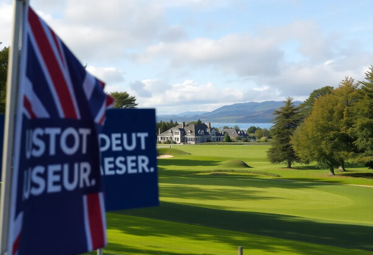 Scenic golf resort in Scotland with protest banners