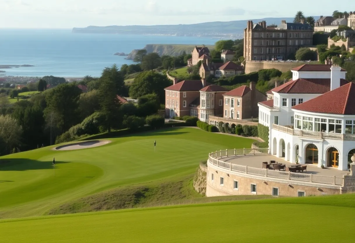 Scenic view of a luxury golf course in St Andrews with ocean and historical landmarks