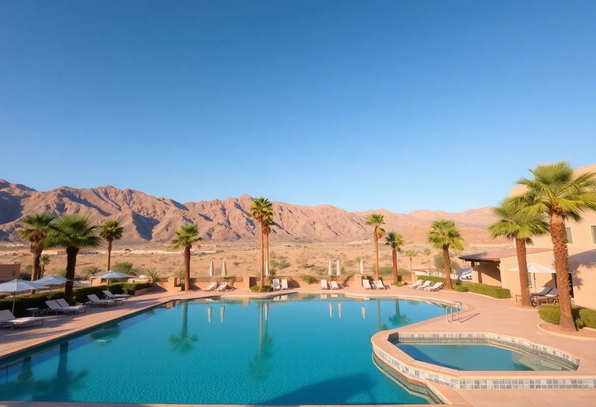 Luxury hotel pool surrounded by palm trees in Palm Springs
