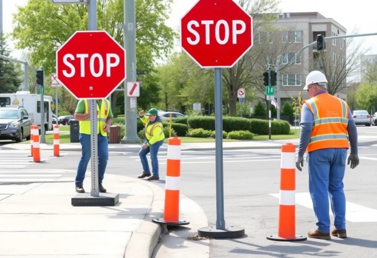 Construction workers installing curb ramps and traffic signs