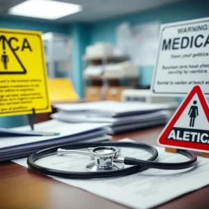 Symbolic representation of medical ethics, featuring documents and medical tools.