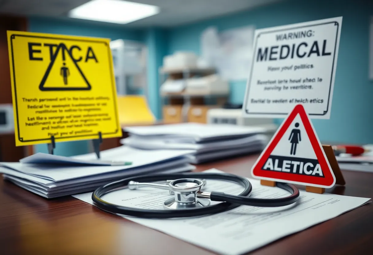 Symbolic representation of medical ethics, featuring documents and medical tools.