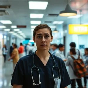 Concerned medical staff in a clinic environment discussing ethics