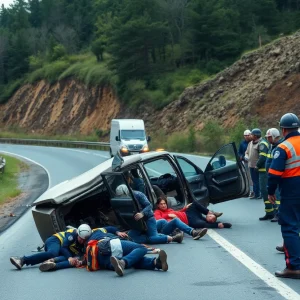 Emergency responders at a crash site on Highway 101 in Mendocino County