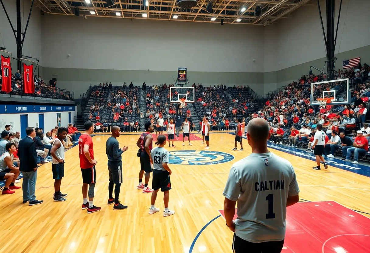 Basketball court with teams and fans during offseason