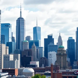 A view of New York City's business district with skyscrapers.