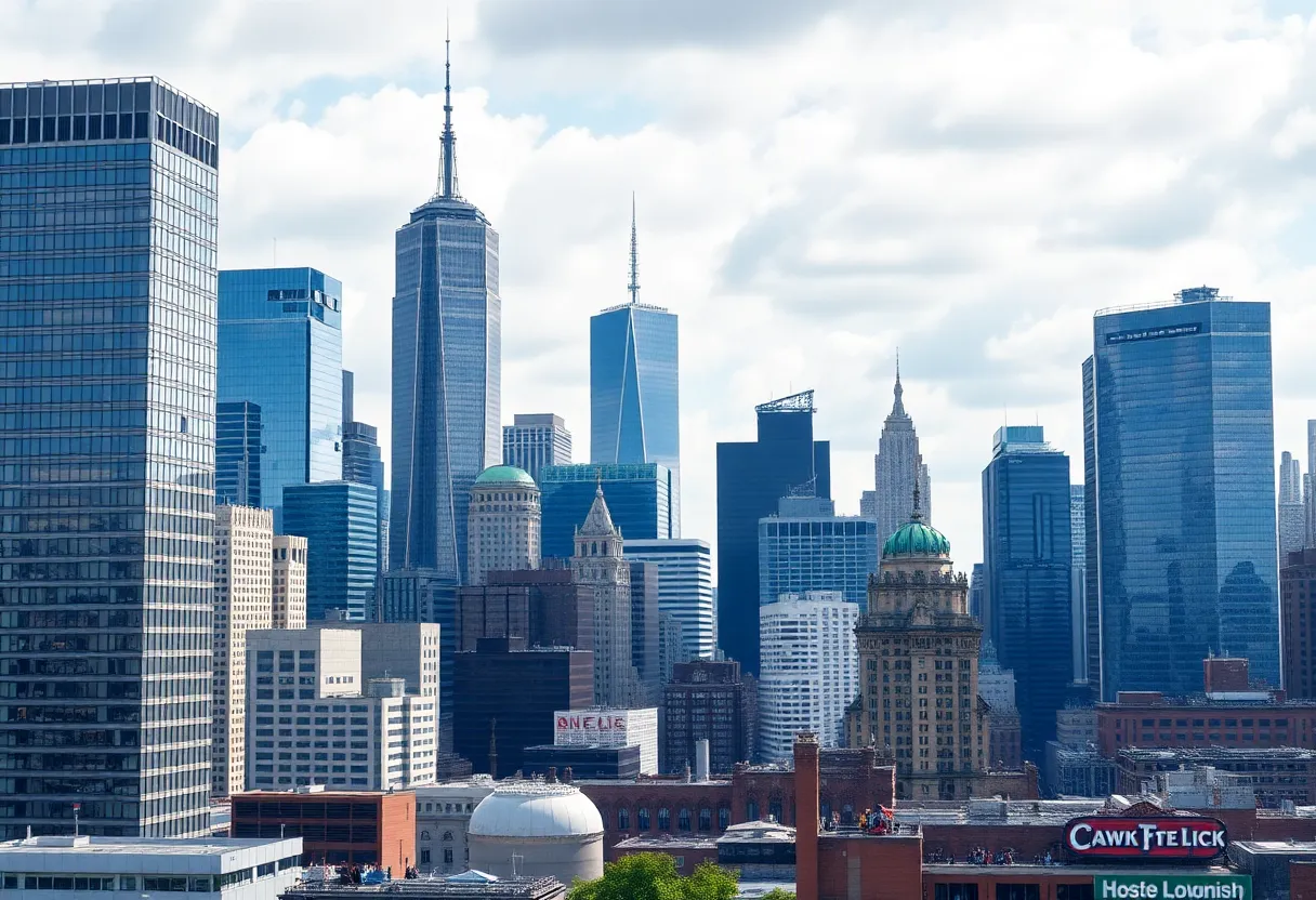 A view of New York City's business district with skyscrapers.